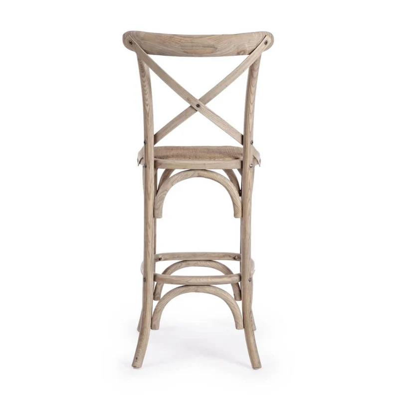 Sgabello da bar in legno di olmo con seduta in rattan naturale H118 - CROSS
