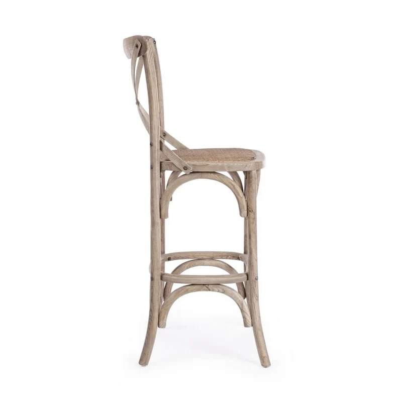 Sgabello da bar in legno di olmo con seduta in rattan naturale H118 - CROSS