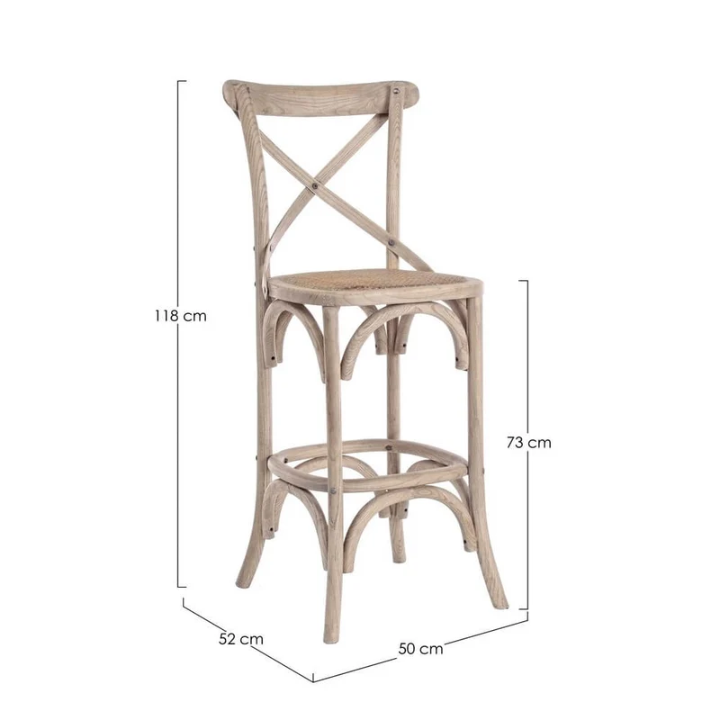Sgabello da bar in legno di olmo con seduta in rattan naturale H118 - CROSS