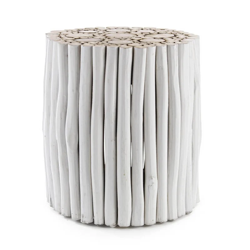 Tavolino rotondo in rami di teak bianco stile naturale - DANTE