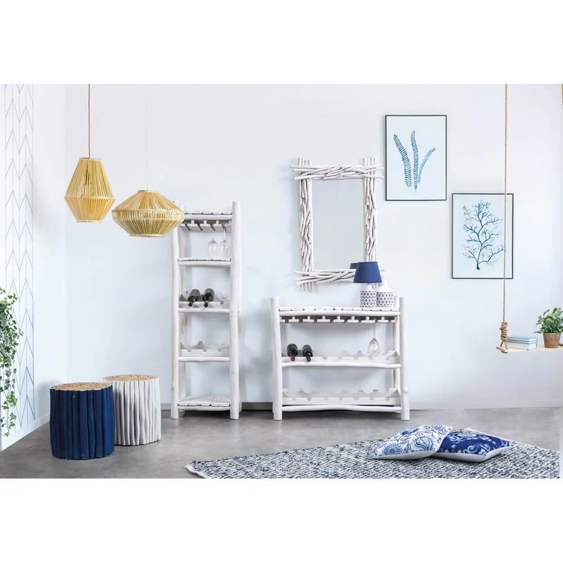 Tavolino rotondo in rami di teak bianco stile naturale - DANTE
