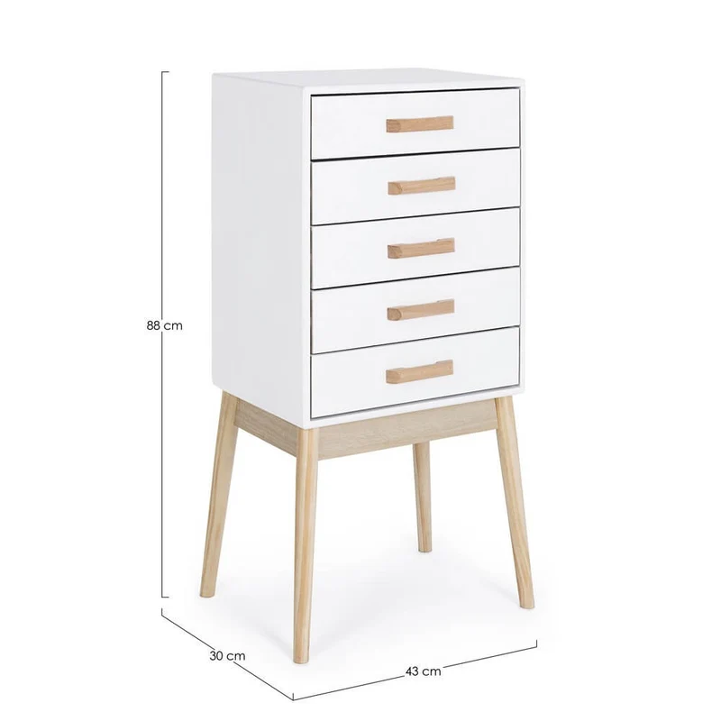 Cassettiera 5 Cassetti Stile Nordico Bianco con Gambe in Legno - EXCEPTIONAL