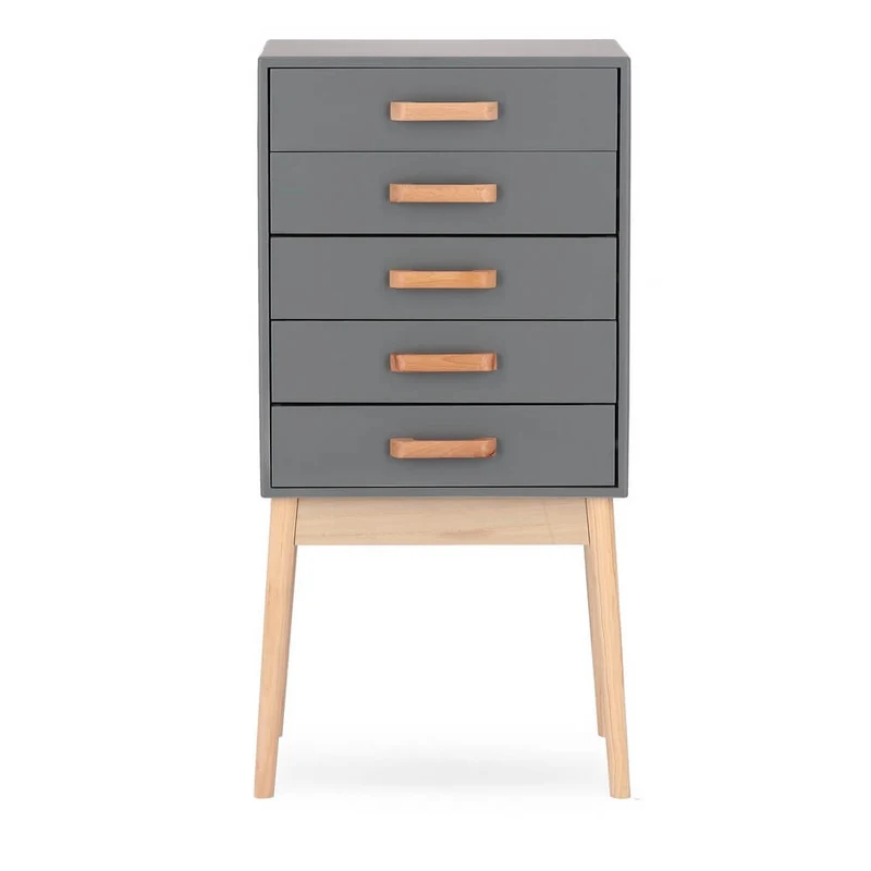 Cassettiera 5 Cassetti Stile Nordico Bianco con Gambe in Legno - EXCEPTIONAL