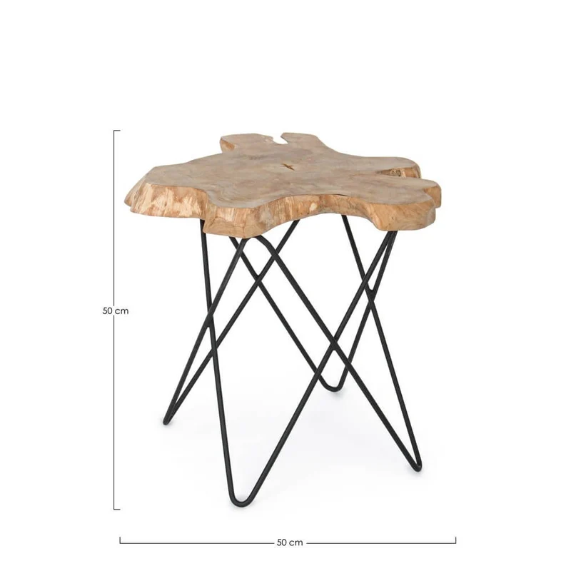 Tavolino in radica di teak naturale con gambe in acciaio nero - APOLLO