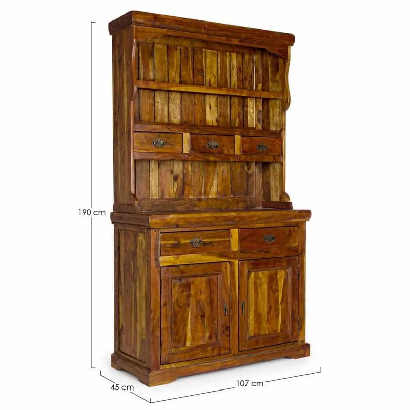 Credenza con Alzata in Legno di Acacia Massello Rustico Anticato - MANSION