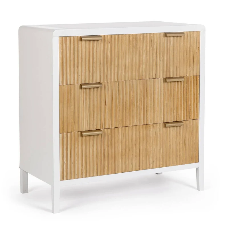 Cassettiera 3 Cassetti in Legno Bianco e Naturale con Maniglie Oro - CHARLOTTE