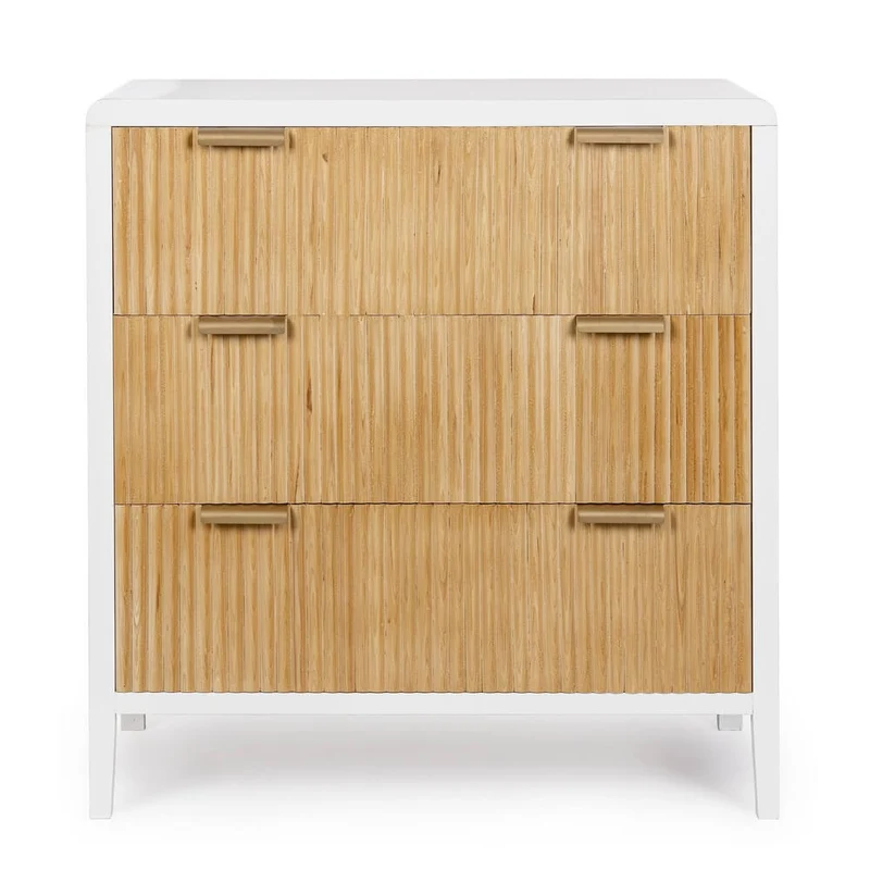 Cassettiera 3 Cassetti in Legno Bianco e Naturale con Maniglie Oro - CHARLOTTE