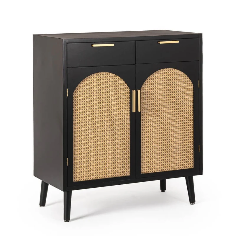 Credenza in Legno Nero 2 Ante e 2 Cassetti con Inserti in Rattan - JOSIE