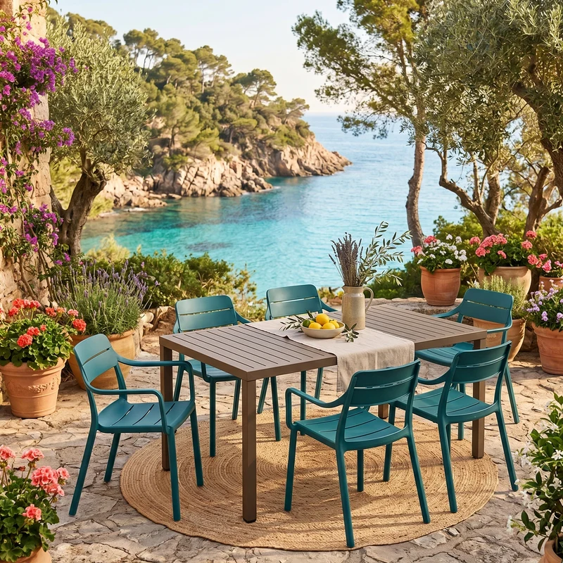 Set tavolo Cube 140x80 con 6 sedie Cassia, per esterno e giardino Made in Italy