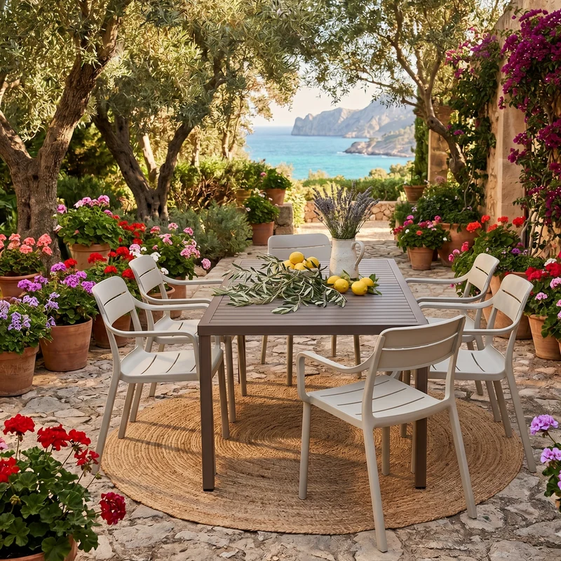 Set tavolo Cube 140x80 con 6 sedie Cassia, per esterno e giardino Made in Italy