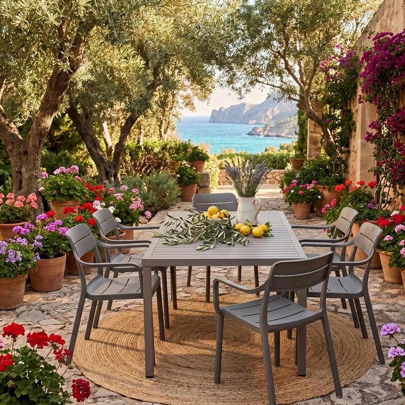 Set tavolo Cube 140x80 con 6 sedie Cassia, per esterno e giardino Made in Italy