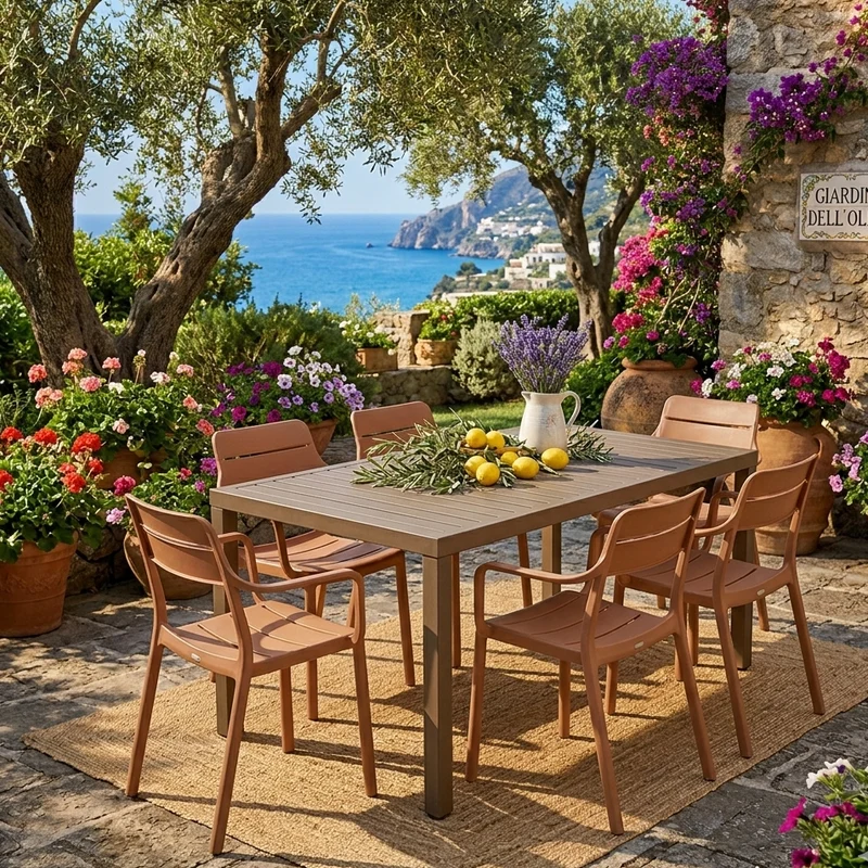 Set tavolo Cube 140x80 con 6 sedie Cassia, per esterno e giardino Made in Italy