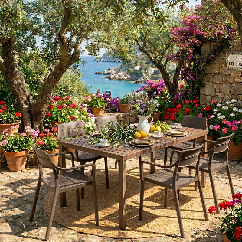 Set tavolo Cube 140x80 con 6 sedie Cassia, per esterno e giardino Made in Italy