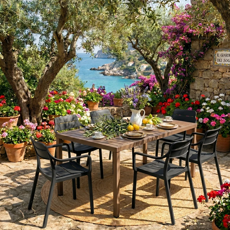 Set tavolo Cube 140x80 con 6 sedie Cassia, per esterno e giardino Made in Italy