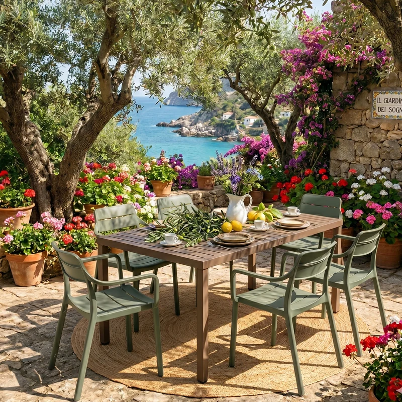 Set tavolo Cube 140x80 con 6 sedie Cassia, per esterno e giardino Made in Italy