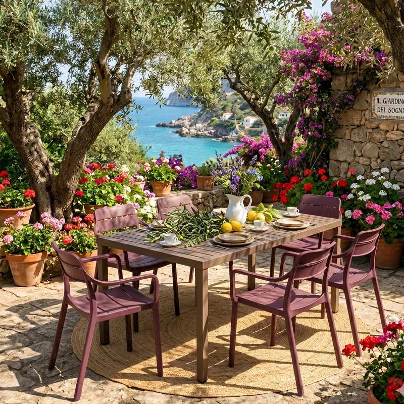 Set tavolo Cube 140x80 con 6 sedie Cassia, per esterno e giardino Made in Italy