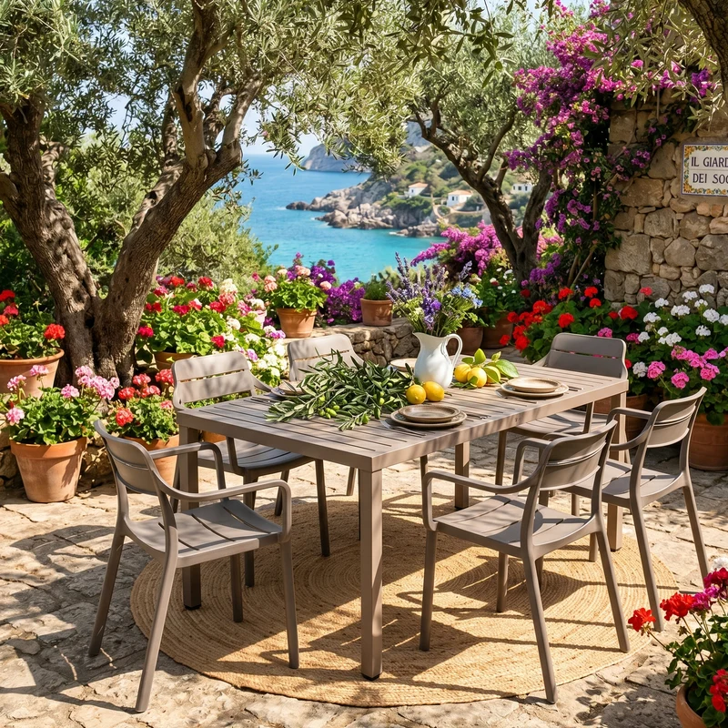 Set tavolo Cube 140x80 con 6 sedie Cassia, per esterno e giardino Made in Italy