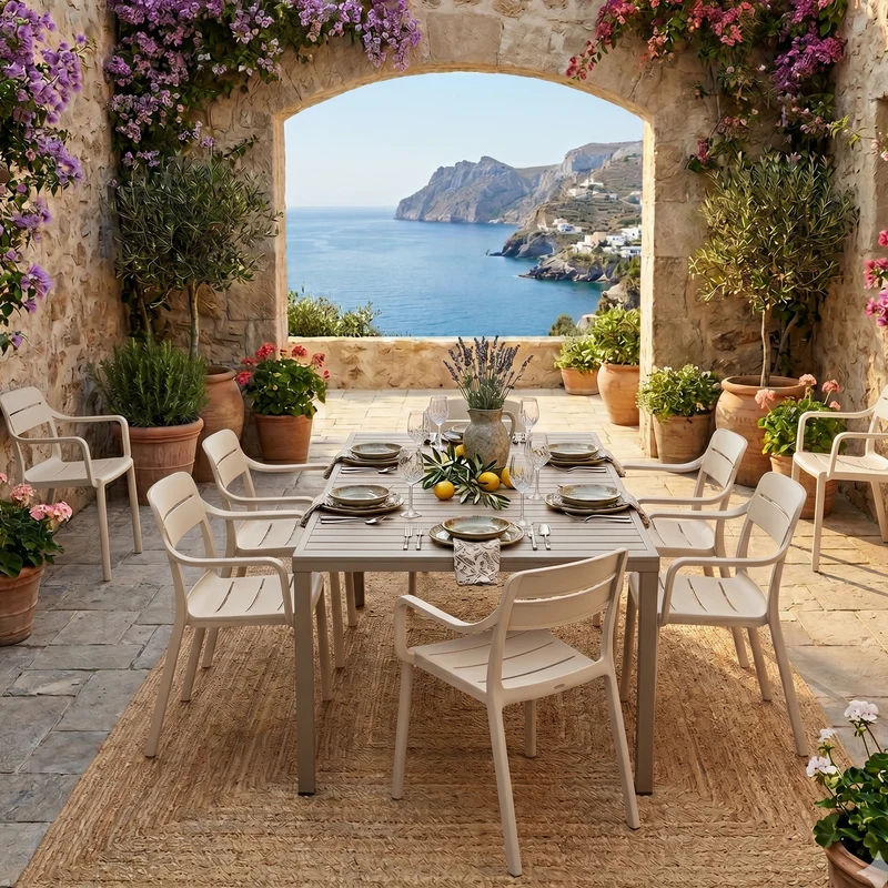 Set tavolo Cube 140x80 con 6 sedie Cassia, per esterno e giardino Made in Italy