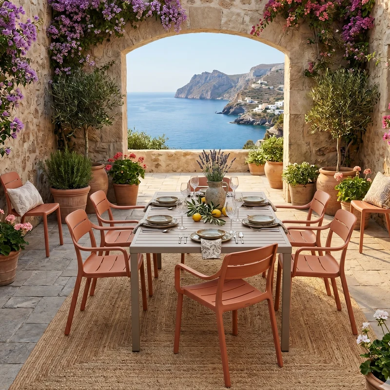 Set tavolo Cube 140x80 con 6 sedie Cassia, per esterno e giardino Made in Italy