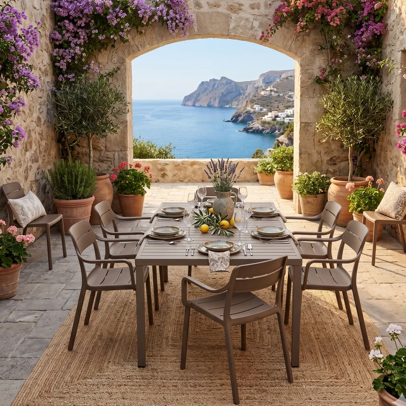 Set tavolo Cube 140x80 con 6 sedie Cassia, per esterno e giardino Made in Italy