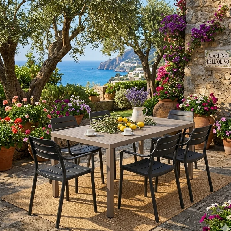 Set tavolo Cube 140x80 con 6 sedie Cassia, per esterno e giardino Made in Italy