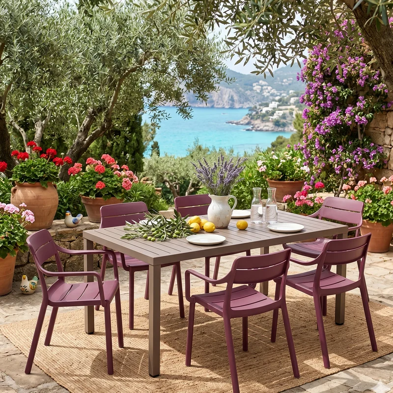 Set tavolo Cube 140x80 con 6 sedie Cassia, per esterno e giardino Made in Italy