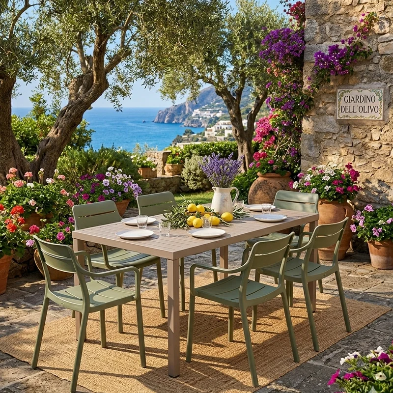Set tavolo Cube 140x80 con 6 sedie Cassia, per esterno e giardino Made in Italy