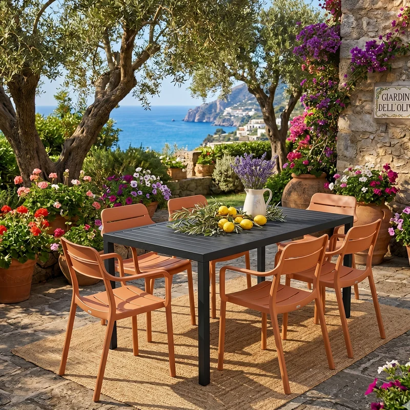 Set tavolo Cube 140x80 con 6 sedie Cassia, per esterno e giardino Made in Italy