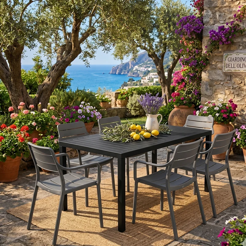 Set tavolo Cube 140x80 con 6 sedie Cassia, per esterno e giardino Made in Italy