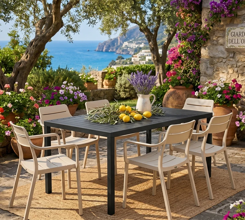 Set tavolo Cube 140x80 con 6 sedie Cassia, per esterno e giardino Made in Italy