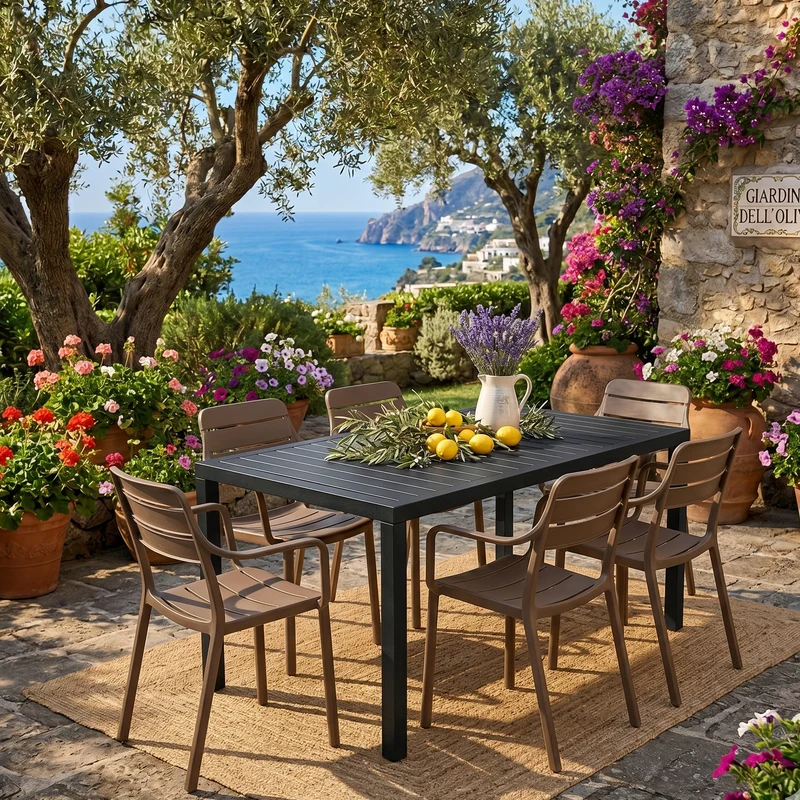 Set tavolo Cube 140x80 con 6 sedie Cassia, per esterno e giardino Made in Italy