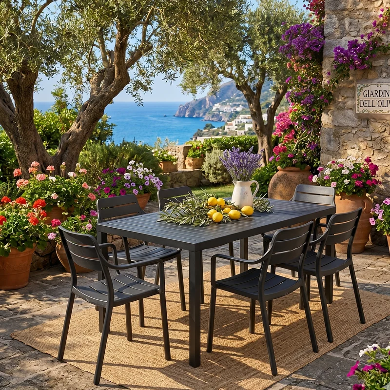 Set tavolo Cube 140x80 con 6 sedie Cassia, per esterno e giardino Made in Italy