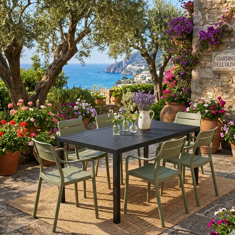 Set tavolo Cube 140x80 con 6 sedie Cassia, per esterno e giardino Made in Italy