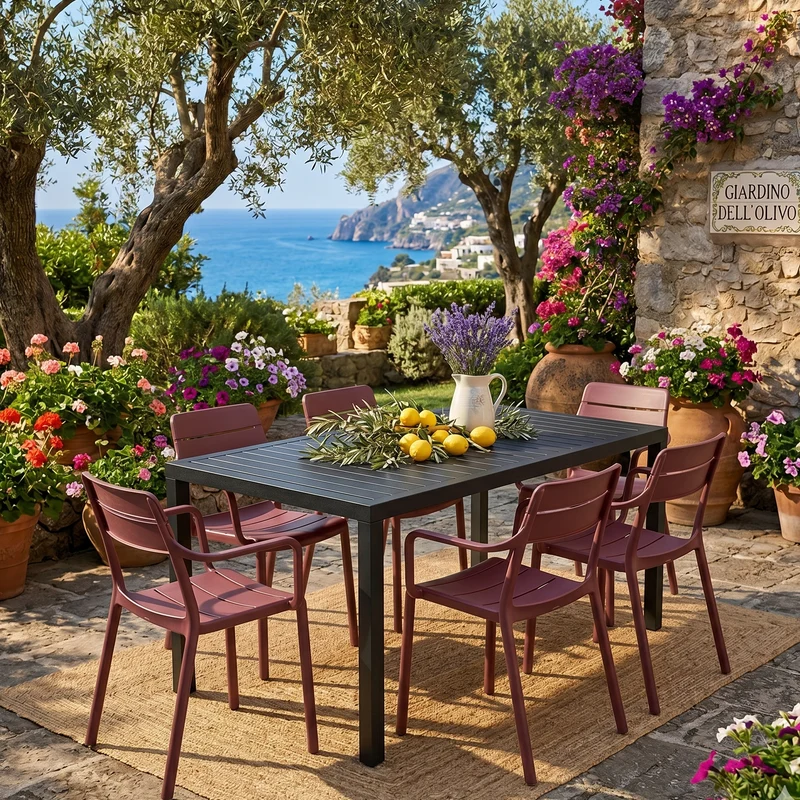 Set tavolo Cube 140x80 con 6 sedie Cassia, per esterno e giardino Made in Italy