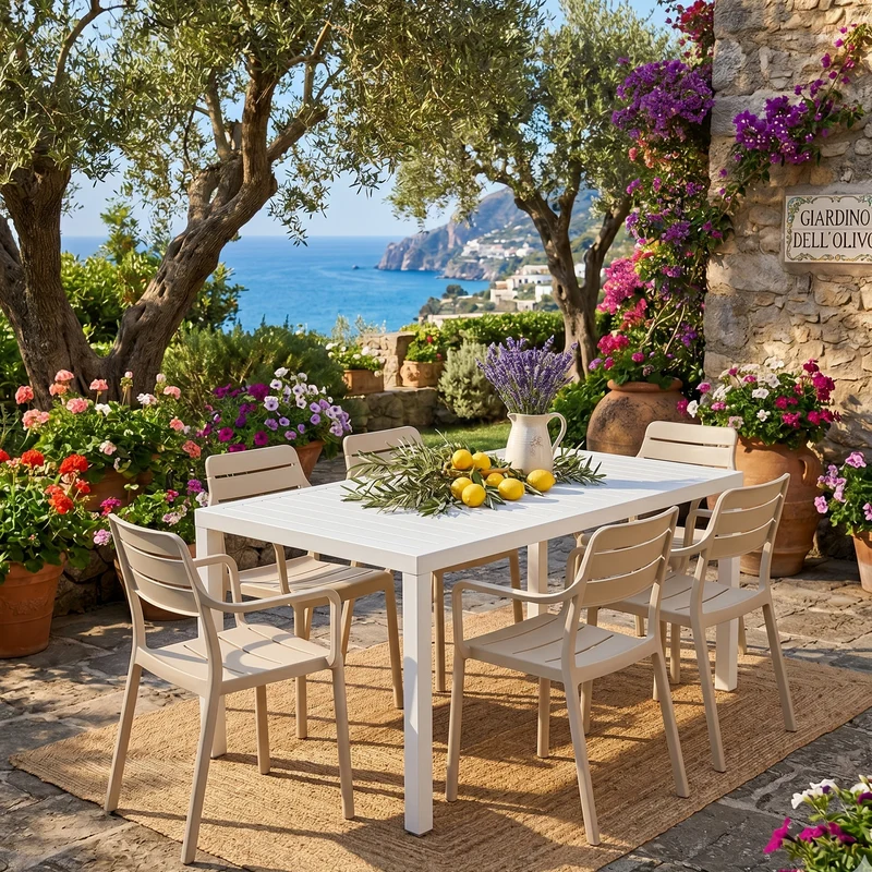 Set tavolo Cube 140x80 con 6 sedie Cassia, per esterno e giardino Made in Italy