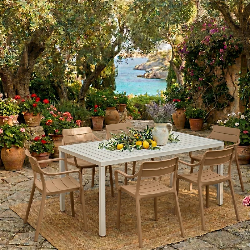 Set tavolo Cube 140x80 con 6 sedie Cassia, per esterno e giardino Made in Italy
