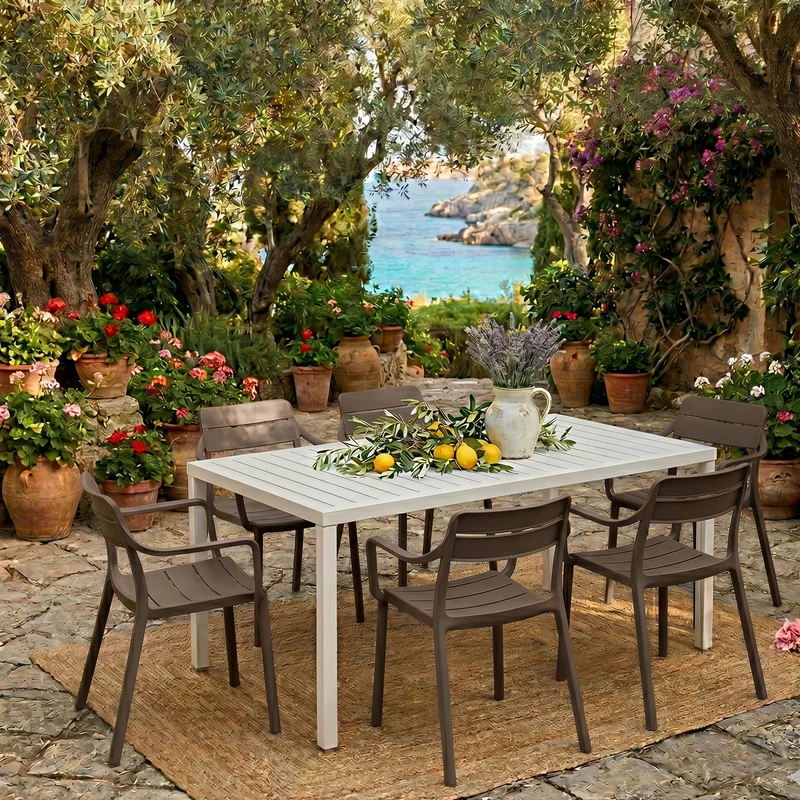 Set tavolo Cube 140x80 con 6 sedie Cassia, per esterno e giardino Made in Italy