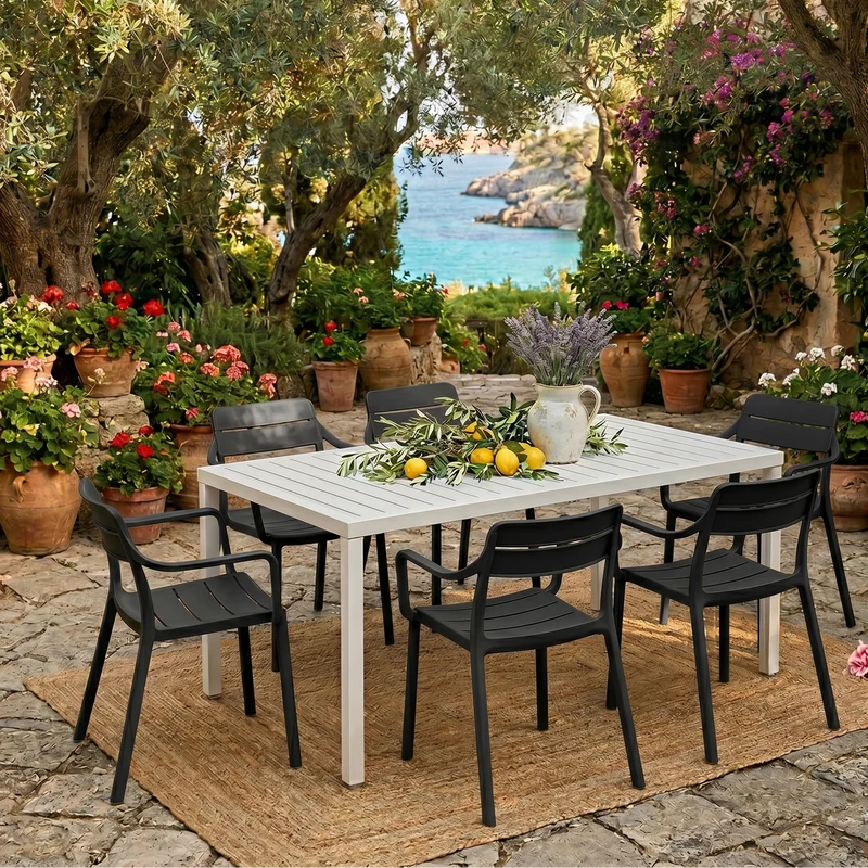 Set tavolo Cube 140x80 con 6 sedie Cassia, per esterno e giardino Made in Italy