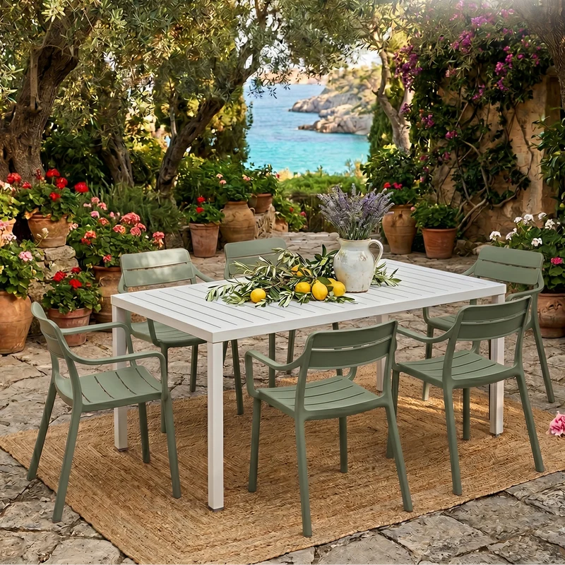 Set tavolo Cube 140x80 con 6 sedie Cassia, per esterno e giardino Made in Italy