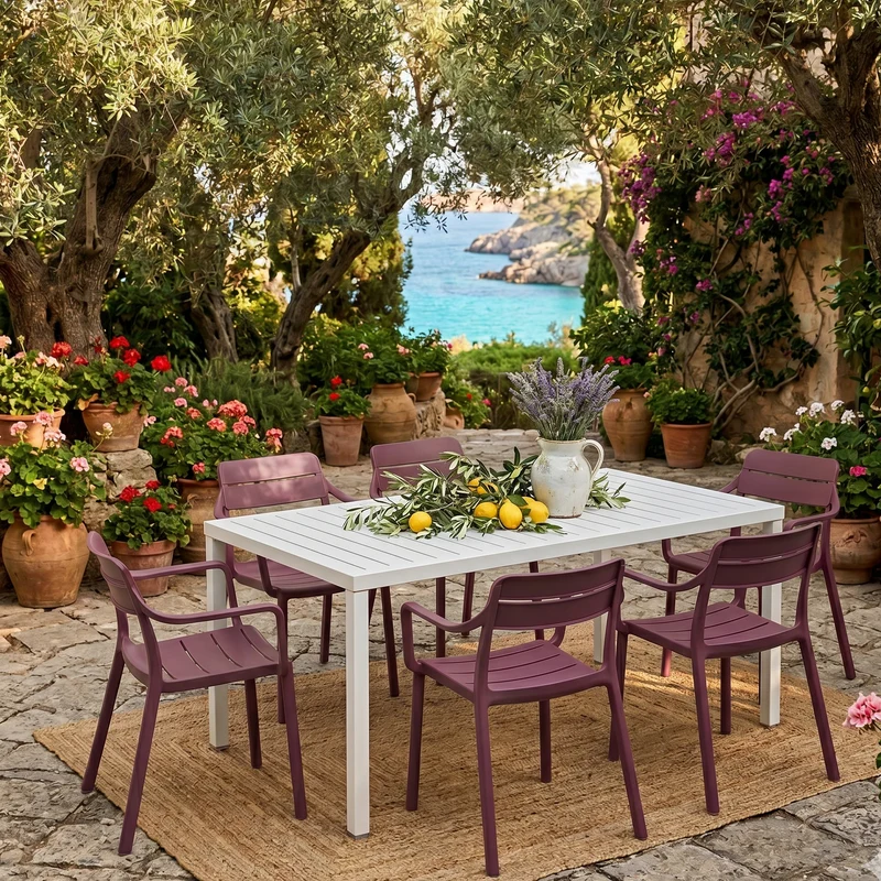 Set tavolo Cube 140x80 con 6 sedie Cassia, per esterno e giardino Made in Italy