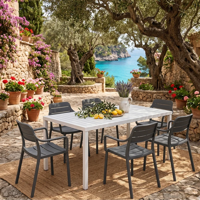 Set tavolo Cube 140x80 con 6 sedie Cassia, per esterno e giardino Made in Italy