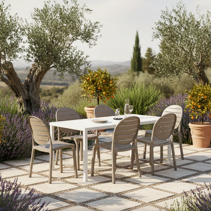 Set tavolo Cube 120x70 con 6 sedie Erica, per esterno e giardino Made in Italy