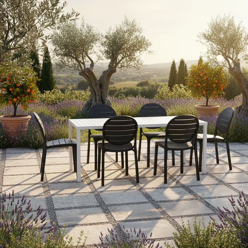 Set tavolo Cube 120x70 con 6 sedie Erica, per esterno e giardino Made in Italy