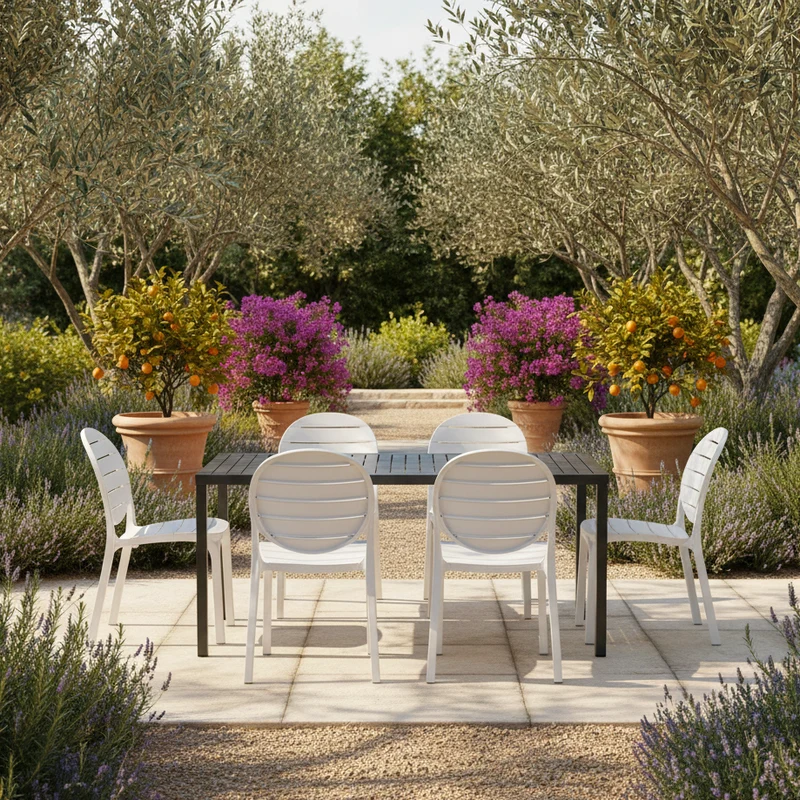 Set tavolo Cube 120x70 con 6 sedie Erica, per esterno e giardino Made in Italy