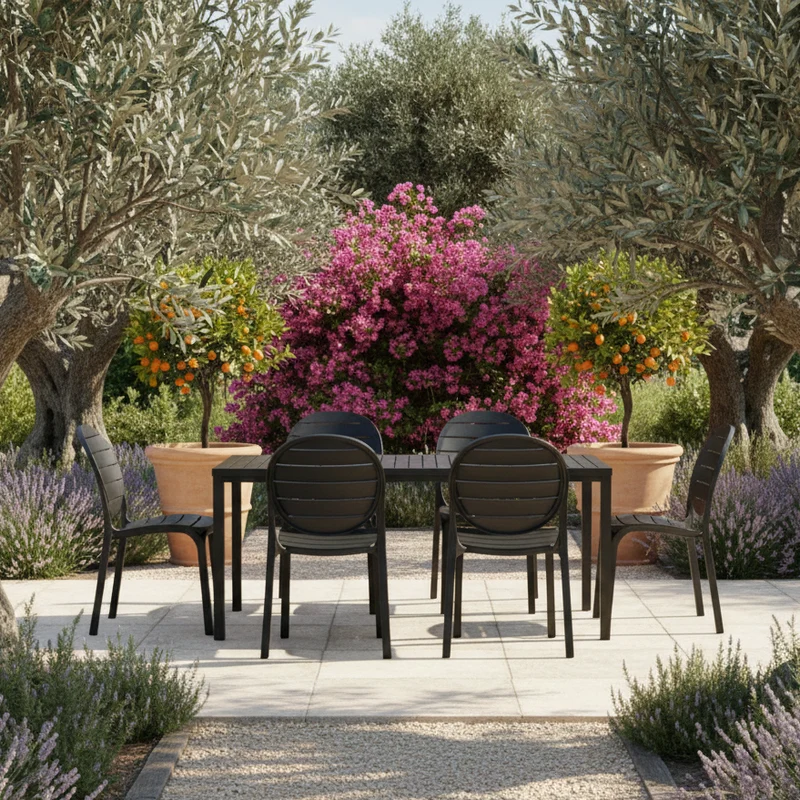 Set tavolo Cube 120x70 con 6 sedie Erica, per esterno e giardino Made in Italy