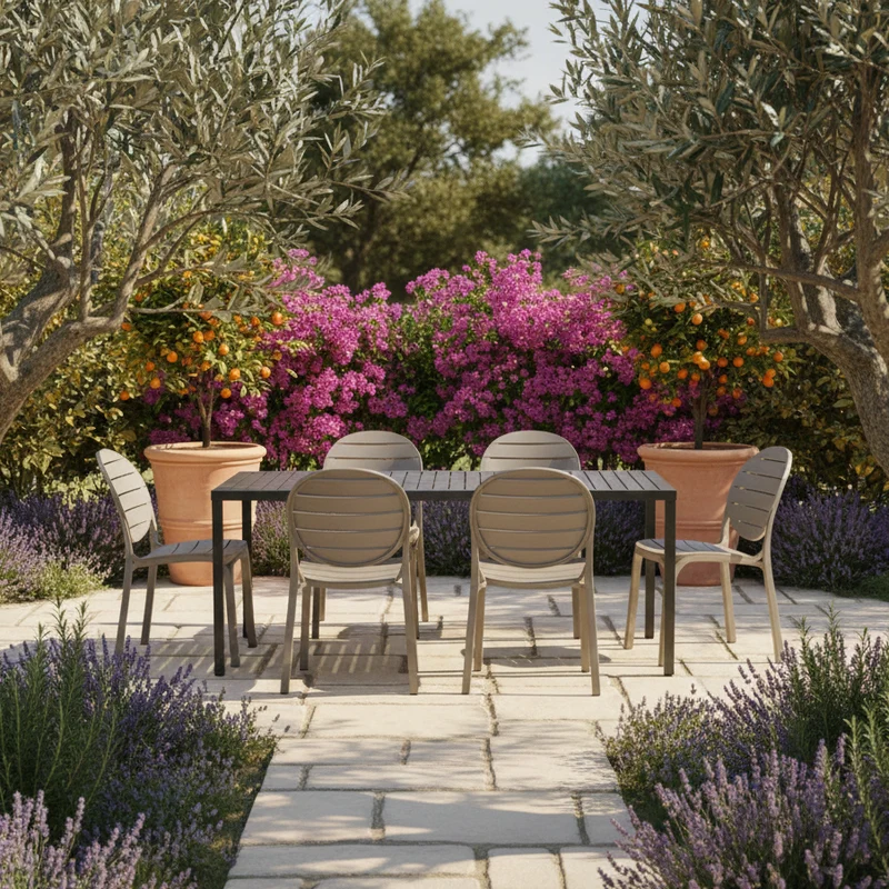 Set tavolo Cube 120x70 con 6 sedie Erica, per esterno e giardino Made in Italy