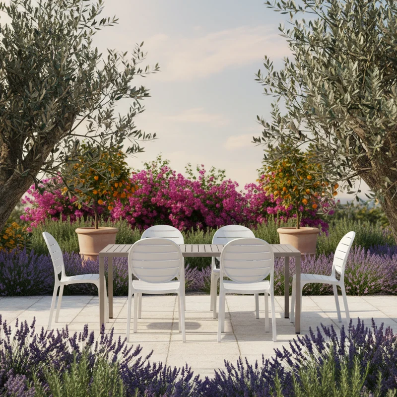 Set tavolo Cube 120x70 con 6 sedie Erica, per esterno e giardino Made in Italy