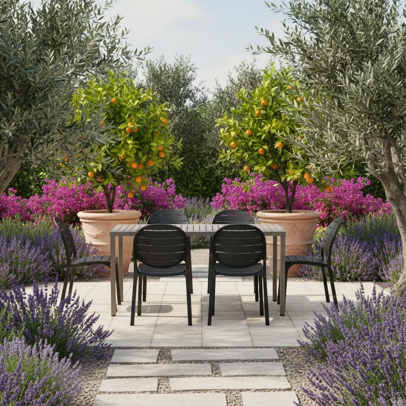 Set tavolo Cube 120x70 con 6 sedie Erica, per esterno e giardino Made in Italy