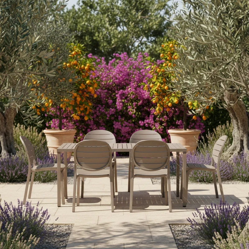 Set tavolo Cube 120x70 con 6 sedie Erica, per esterno e giardino Made in Italy