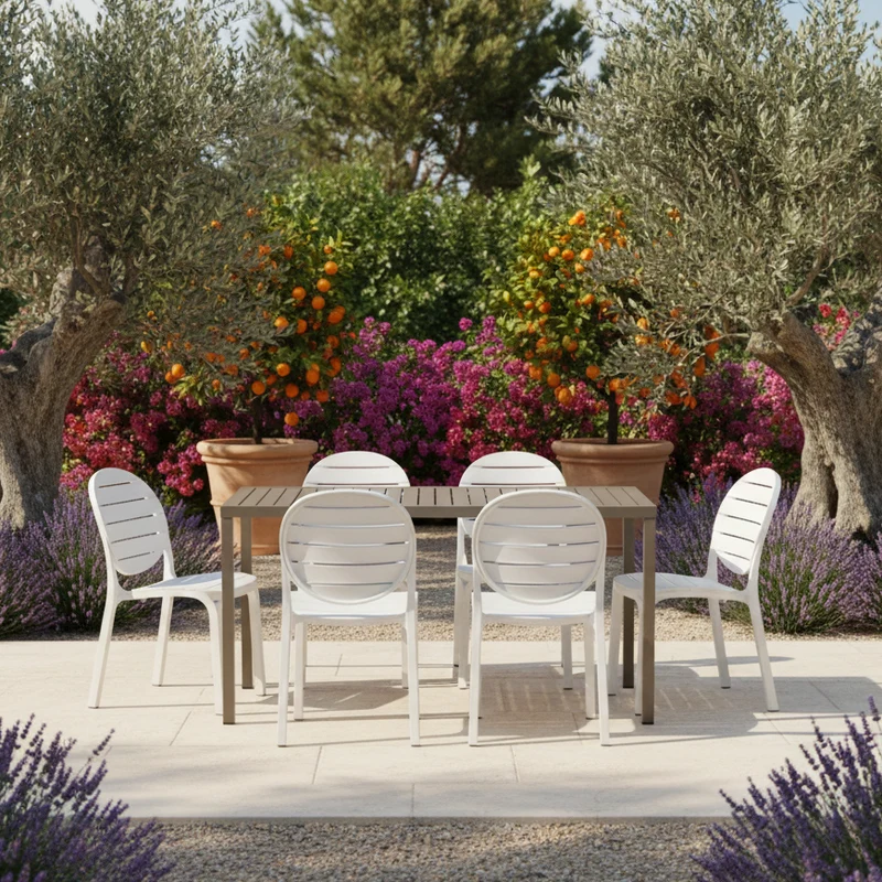 Set tavolo Cube 120x70 con 6 sedie Erica, per esterno e giardino Made in Italy